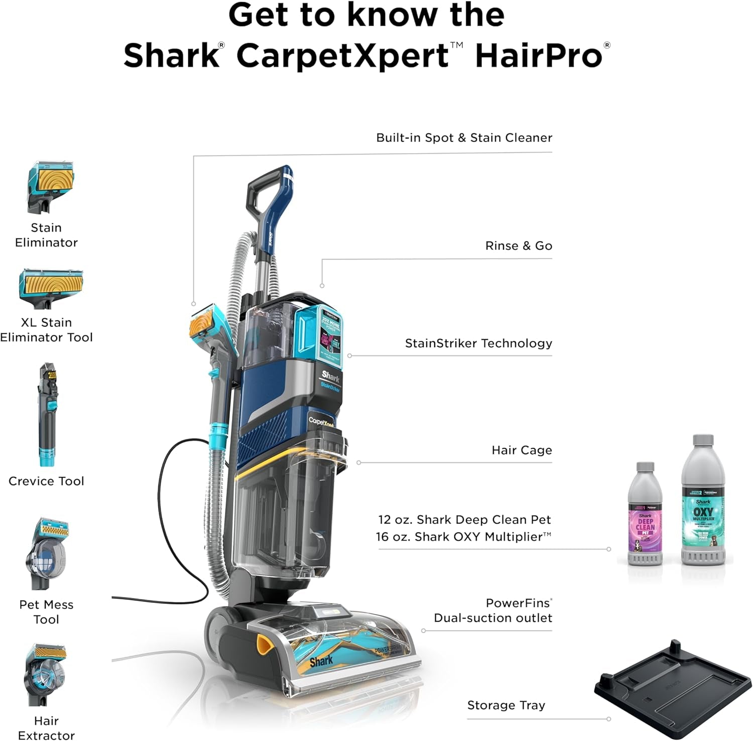 Shark Carpetxpert Hairpro | Upright Carpet, Area Rug & Upholstery Cleaner | Stainstriker Handheld Tough Stain Remover & Onboard Self Clean | Pet Hair Pickup & Odor Removal | 5 Tools | Navy | EX304