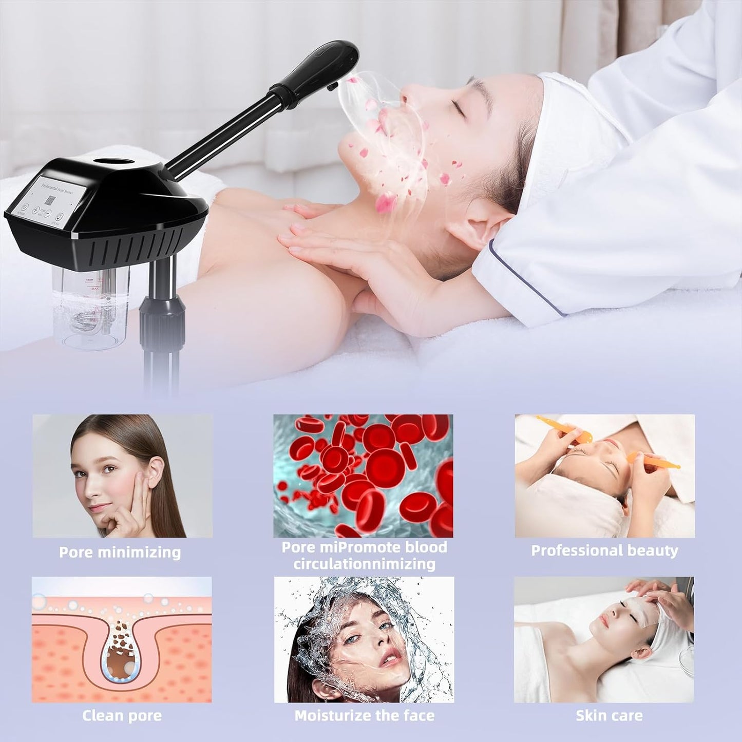 Facial Steamer Professional with More Steam for Deep Cleansing and Hydration, Face Steamer on Wheels with Time Setting, Estheticians Steamer Adjustable Height for Beauty, Spa and Home Use