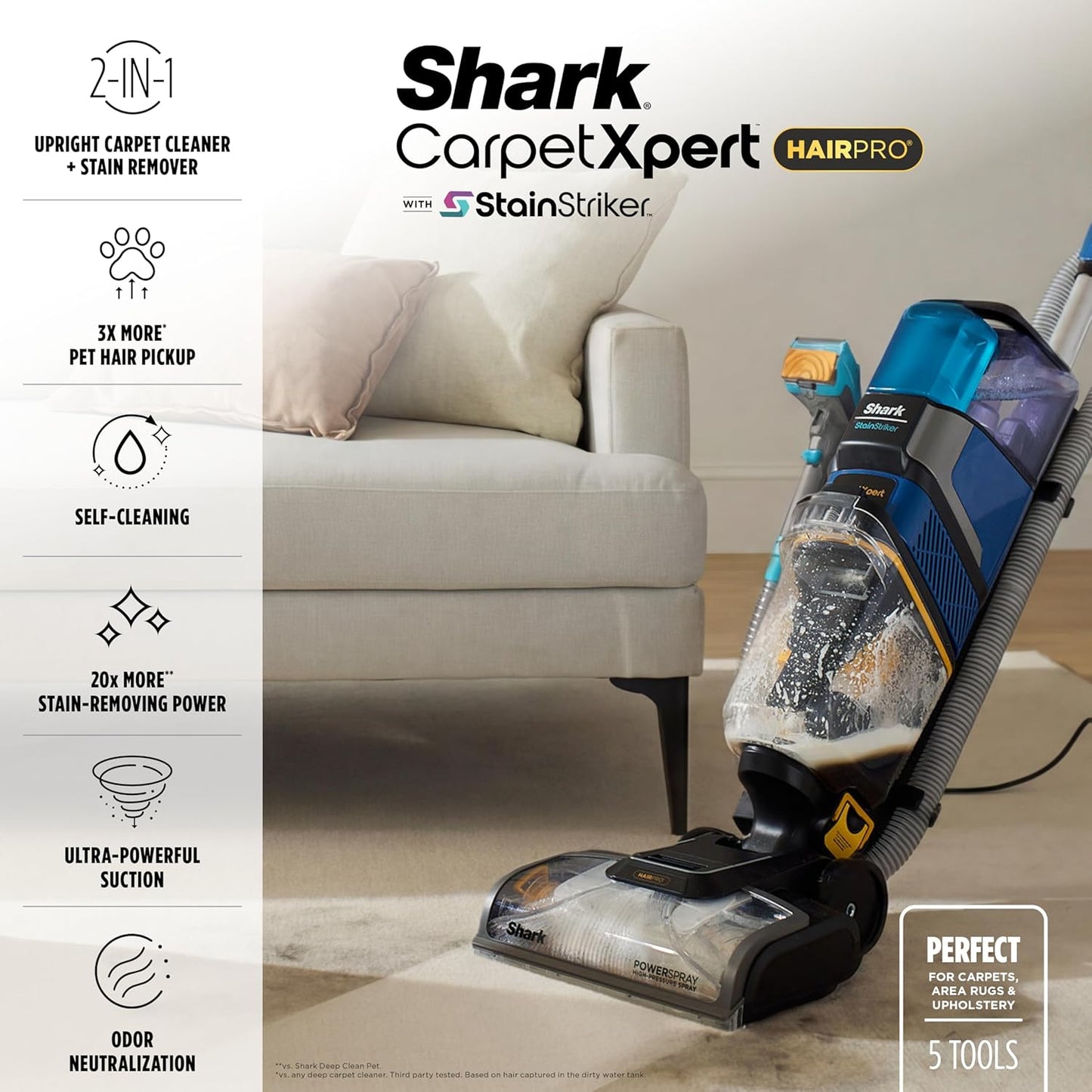 Shark Carpetxpert Hairpro | Upright Carpet, Area Rug & Upholstery Cleaner | Stainstriker Handheld Tough Stain Remover & Onboard Self Clean | Pet Hair Pickup & Odor Removal | 5 Tools | Navy | EX304