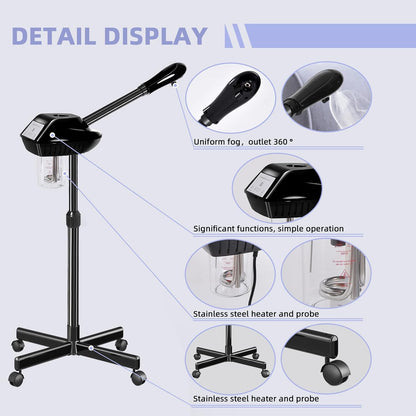 Facial Steamer Professional with More Steam for Deep Cleansing and Hydration, Face Steamer on Wheels with Time Setting, Estheticians Steamer Adjustable Height for Beauty, Spa and Home Use