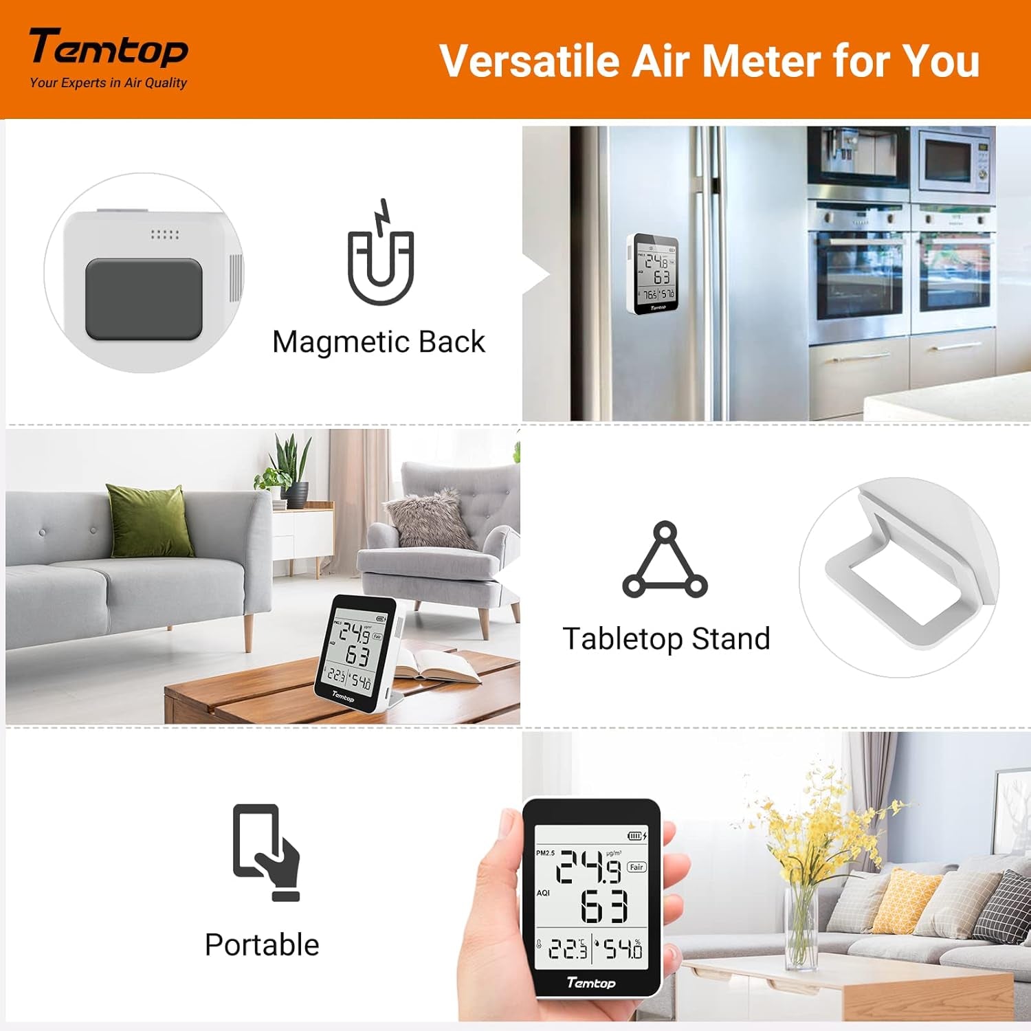 Air Quality Monitor, Indoor Thermometer Portable AQI PM2.5, Temperature, Humidity Detector for Home, Office or School, Air Quality Tester, Battery Powered, Magnetic Suction