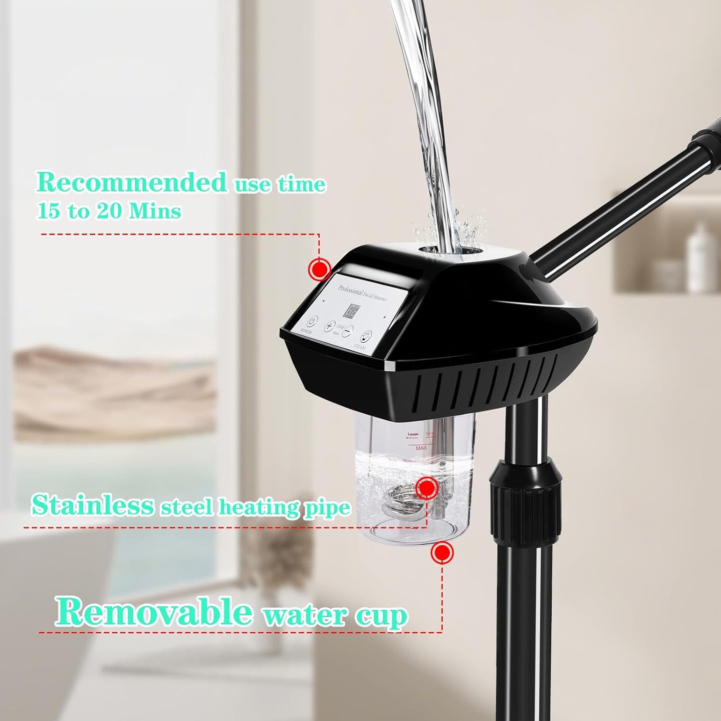 Facial Steamer Professional with More Steam for Deep Cleansing and Hydration, Face Steamer on Wheels with Time Setting, Estheticians Steamer Adjustable Height for Beauty, Spa and Home Use
